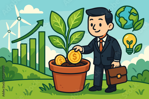 Sustainable investment growth concept. Businessman investing money in eco-friendly future. Renewable energy, green finance, ecological responsibility, environmental innovation. Vector illustration