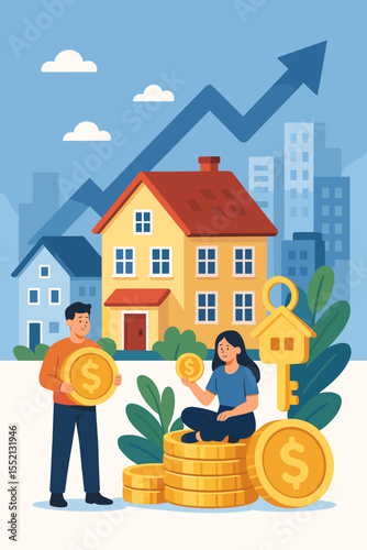 Real estate investment financial growth, wealth building through property ownership, money coins, key, house value rise, cartoon vector illustration, urban housing market, investment strategy