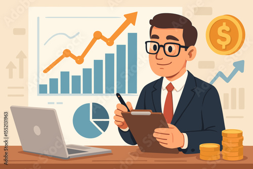 Businessman analyzing financial data and market trends, reviewing investment reports, making profitable decisions, statistical charts, coin stacks, technology, economic growth, vector illustration