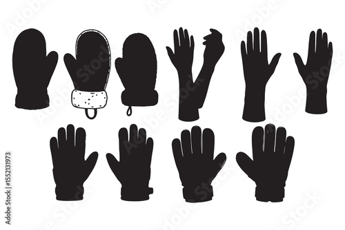 Hand drawn winter gloves and mittens silhouette illustration on white background
