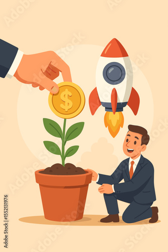 Venture capital investment growth concept. Investor funding startup with coin, nurturing business innovation, financial growth, rocket launch, potted plant, entrepreneur, economic success vector