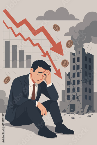 Despair Businessman Financial Crisis Concept. Stock Market Crash. Economic Recession. Falling Graph. Bankrupt Investor Stress. Building Collapse. Money Loss. Downturn Vector Illustration
