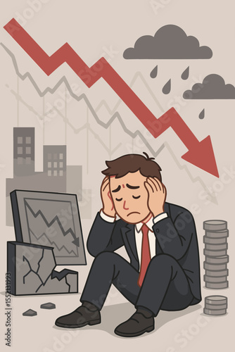 Financial Crisis Concept, Businessman in Distress Amid Market Crash, Falling Stock Prices, Economic Recession, Investment Loss, Corporate Collapse, Downturn, Sad Investor, Cartoon Vector