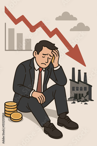 Businessman in Crisis During Economic Downturn, Stock Market Crash, Financial Loss, Bankrupt Factory, Coins, Recession, Falling Graph, Business Failure, Depression, Investment Risk Vector Illustration