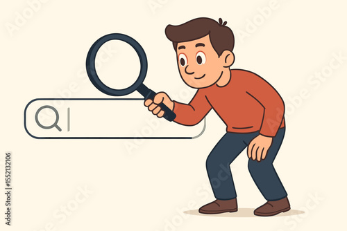 Cartoon man exploring online information with magnifying glass, searching web, research concept, vector illustration. Search bar, internet browsing, curiosity, digital information discovery.