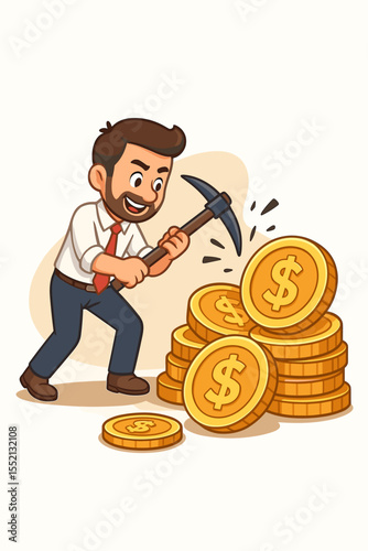 Cartoon businessman mining gold coins with pickaxe, financial effort, wealth creation, investment opportunity, money growth, savings, hard work, success, prosperity concept illustration