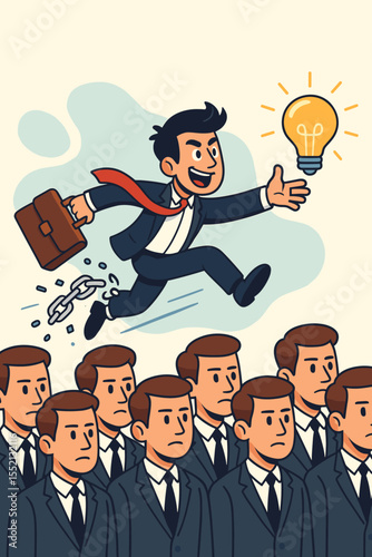 Businessman breaking chains escaping conformity, individuality leadership concept, creative entrepreneur chasing innovation, standing out from crowd, success, achieving new ideas, vector cartoon