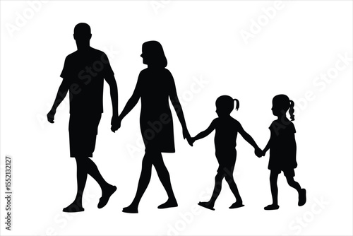 Happy Family Silhouettes Holding Hands - Diverse Parents & Children