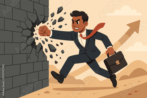 Determined Businessman Breaking Through Wall Overcoming Obstacles and Barriers, Achieving Success, Growth and Progress Concept, Ambitious Professional Smashing Limits, Vector Illustration