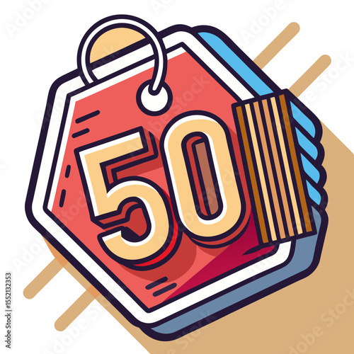 Bold fifty percent discount tag with stylized design and shadow