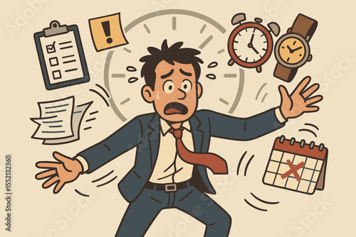 Stressed businessman juggling urgent tasks deadlines paperwork time pressure multitasking office chaos productivity crisis cartoon vector. Hectic schedule overwhelm burnout concept workplace stress.