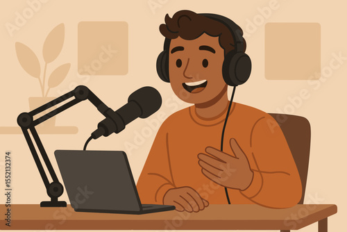 Podcast host recording broadcast in studio with headphones, microphone, laptop. Vector illustration of podcaster creating audio show, digital content creator, talk show, podcast production workspace