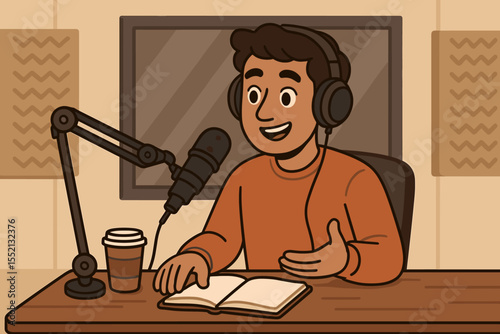 Podcast host recording show in professional studio. Cartoon vector illustration with microphone, headphones, open notebook, coffee cup, soundproof panels. Radio broadcasting concept workspace