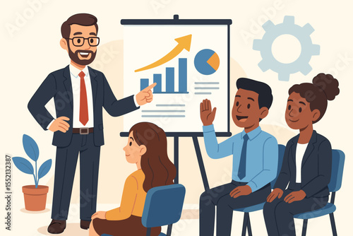 Business coach conducting corporate training session, skill development, teamwork, employee education, leadership seminar, growth chart presentation, diverse office staff meeting, vector illustration