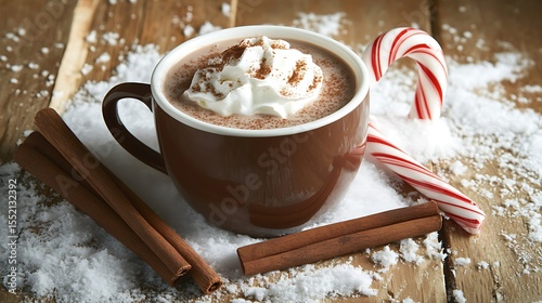 A warm cup of hot chocolate with whipped cream, cinnamon sticks, and a candy cane resting on a snowy wooden table.