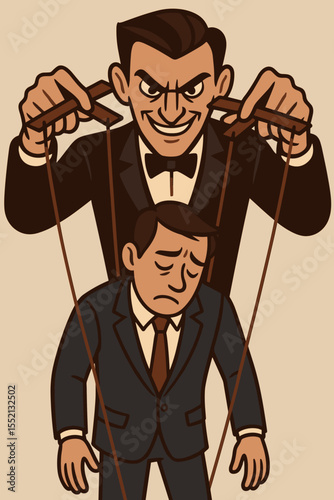 Manipulation Control Puppet Master Concept. Businessman Controlled by Strings. Domination, Exploitation, Authority, Power Dynamics, Mental Control, Manipulative Leadership Vector Illustration