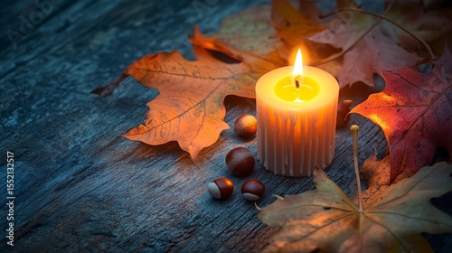 A warm glowing candle placed among fall leaves and acorns on a rustic wooden surface.