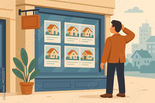 Real estate agency exterior with confused man searching property listings, housing market, buying, selling, apartment rent, cartoon illustration, realty office, city urban background