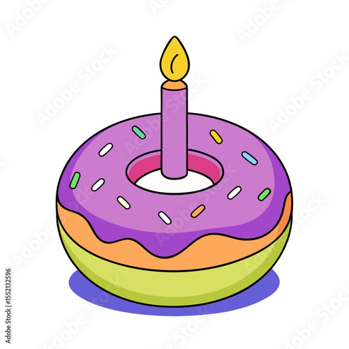 A festive donut with a single lit candle and colorful sprinkles