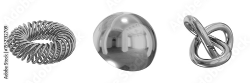 3D Chrome Metallic Abstract Shape Objects, 3d rendering steel gradient shape design element, futuristic, shiny design