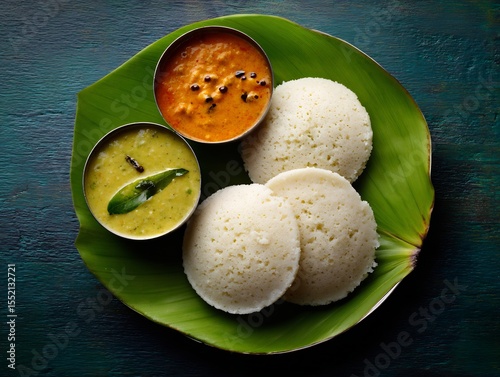 Fresh idli coconut chutney and sambar on banana leaf South Indian breakfast fluffy texture vibrant colors top view