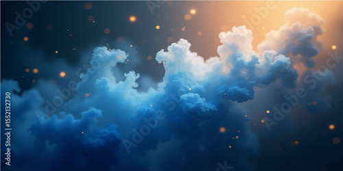 Bright blue sky with white clouds and a beautiful sunbeam, a perfect summer day