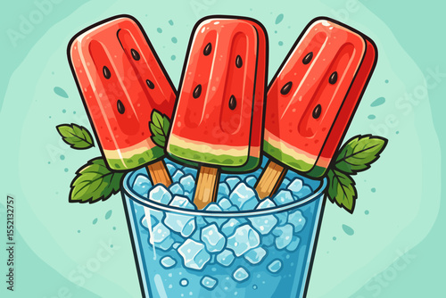 Watermelon Popsicles with Mint Leaves on Crushed Ice in Glass. Refreshing Summer Dessert. Sweet Fruit Ice Cream Bars. Cartoon Vector Illustration. Cold Treat. No Text. Fresh Vibrant Colors