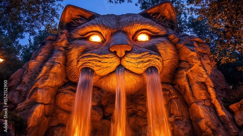 Mountain carved like a sleeping cat with waterfalls flowing from its ears and glowing eyes