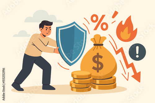 Financial security shield protection concept. Man defending money savings and investments from crisis, risk, inflation, percentage rate, fire, danger. Economic insurance safety. Vector illustration