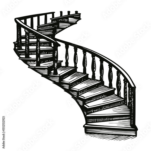 Spiral staircase hand-drawn illustration. Detailed wooden spiral staircase design with elegant curved railing. Classic spiral staircase perfect for vintage home decor projects, architectural drawings.