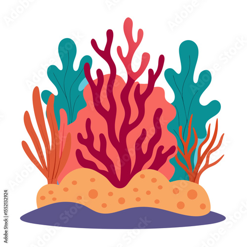 Vibrant underwater coral reef scene with colorful marine flora