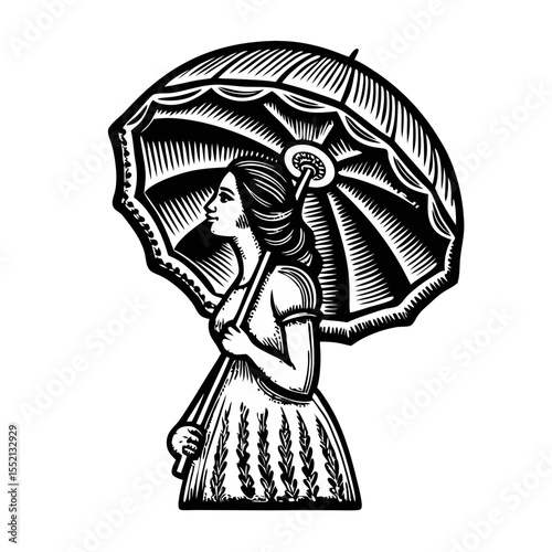 Woman Holding Parasol in Hand-Drawn Engraving Style for Vintage Art Projects, Illustrations, Educational Materials, and Home Decor  