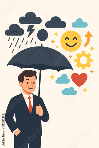 Businessman Holding Umbrella Shielding from Stormy Stress to Positive Emotions Motivation Mental Health Protection Resilience Concept Psychology Optimism Self Care Happiness Vector Illustration