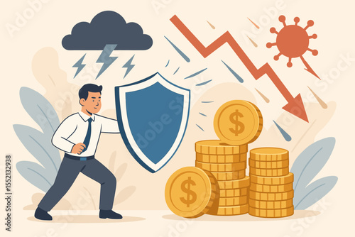 Businessman Protects Money Savings with Shield from Financial Crisis Risk, Economic Downturn, Market Crash, Pandemic, Storms, Investment Loss, Security Measures, Finance Safety Concept Vector