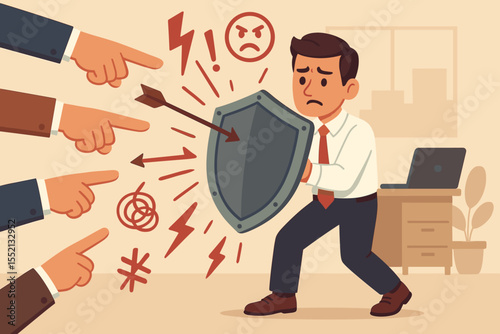 Businessman Shielding Himself from Workplace Criticism and Bullying with Protective Shield, Overcoming Negativity, Stress Defense, Office Conflict, Vector Cartoon Illustration