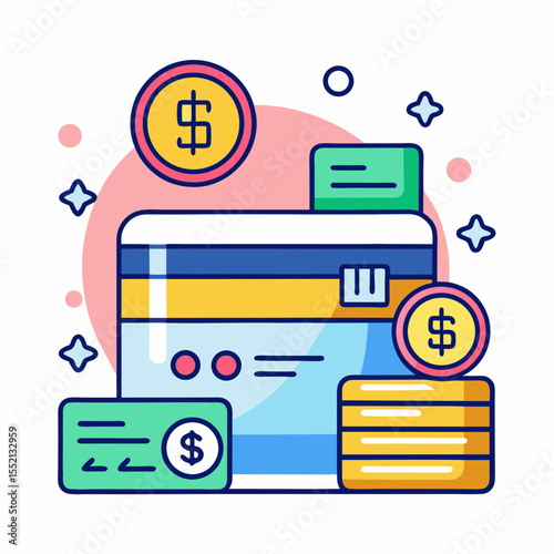 Financial transactions and savings with credit cards and coins