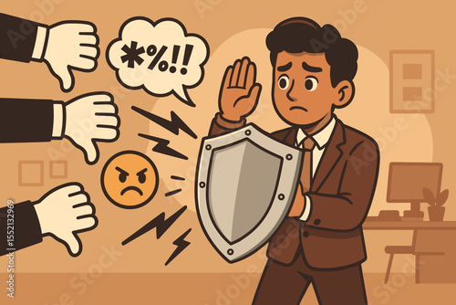 Businessman Defending Against Workplace Bullying and Criticism Concept. Shield Protection from Negative Feedback, Verbal Abuse, Anger, Stress. Office Conflict Resolution Vector Illustration