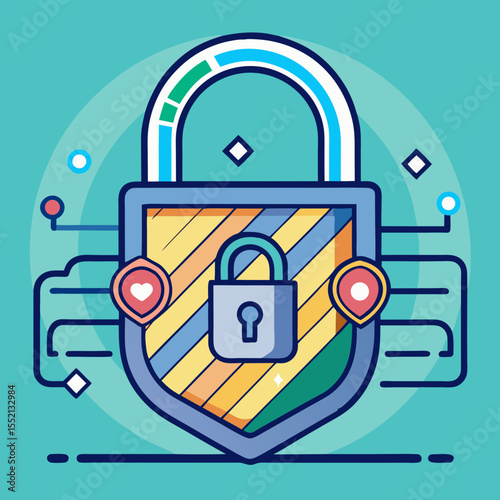 Digital security shield with lock and network connections