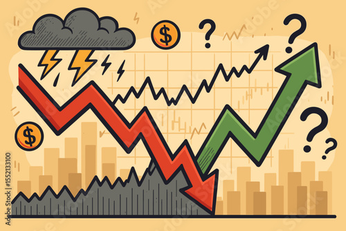 Stock Market Volatility Concept. Rising and Falling Trend Arrows. Uncertainty, Risk, Economic Crisis. Financial Investment Fluctuation. Bear and Bull Market. Cartoon Vector Illustration Background