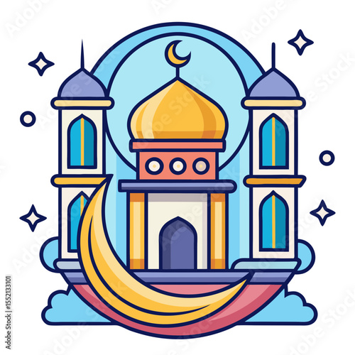 Stylized mosque with crescent moon and stars illustration