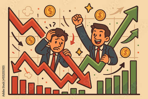Stock market volatility concept with rising and falling trend lines, financial risk and uncertainty, investor emotions, profit and loss, cartoon vector illustration, economic crisis, business growth