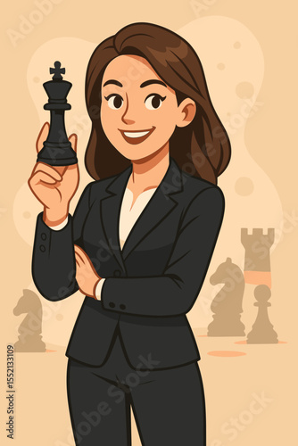 Confident businesswoman in suit holding chess king, strategy concept. Leadership, tactical advantage, successful entrepreneur, decision making, competitive business, management cartoon vector