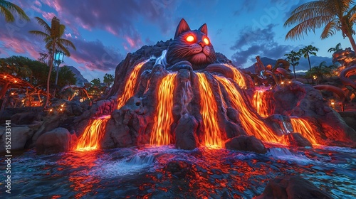 Mountain carved like a sleeping cat with waterfalls flowing from its ears and glowing eyes