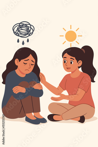 Supportive friend comforting depressed woman illustration. Mental health support, empathy, encouragement. Caring conversation. Overcoming sadness, depression, anxiety. Hope, therapy, counseling vector
