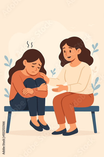 Depression support mental health concept. Sad woman sitting alone receives comfort and emotional help from caring friend. Empathy, counseling, friendship, psychological assistance vector illustration