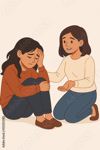 Compassionate friend comforting sad depressed woman illustration. Support, empathy, mental health help, friendship, caring, emotional support, hope, counseling concept, vector cartoon