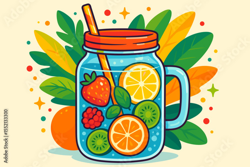 Refreshing Detox Water with Citrus Lemon, Strawberry, Kiwi, Orange, Raspberry and Mint in Mason Jar. Colorful Summer Fruit Beverage. Healthy Drink Vector Cartoon Illustration. Wellness Concept