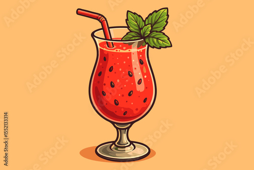 Refreshing Watermelon Juice in Elegant Glass with Mint Leaves, Summer Drink Illustration, Cartoon Vector, Fresh Beverage, Healthy Fruit Cocktail, No Text, Isolated on Pastel Background