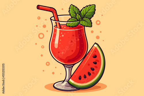 Refreshing Watermelon Juice in Curved Cocktail Glass with Fresh Mint Garnish, Colorful Summer Beverage, Cartoon Vector Illustration with Slice, Healthy Drink, Vibrant Fruit Bar Concept