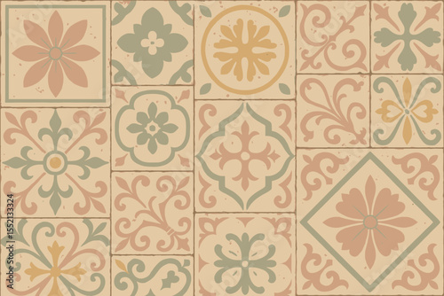 Vintage pastel decorative concrete tiles seamless pattern. Ornate floral geometric motifs, retro Mediterranean ceramic tile background, elegant vector illustration for wall, floor, interior design